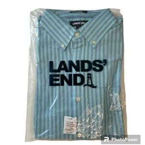 New Lands' End Men's Casual Oxford Button Down Shirt Blue And Green Stripe 16.5